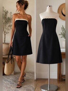 Sincerely Jules NWT Black Strapless Mini Dress Lace Trim Pockets L/G